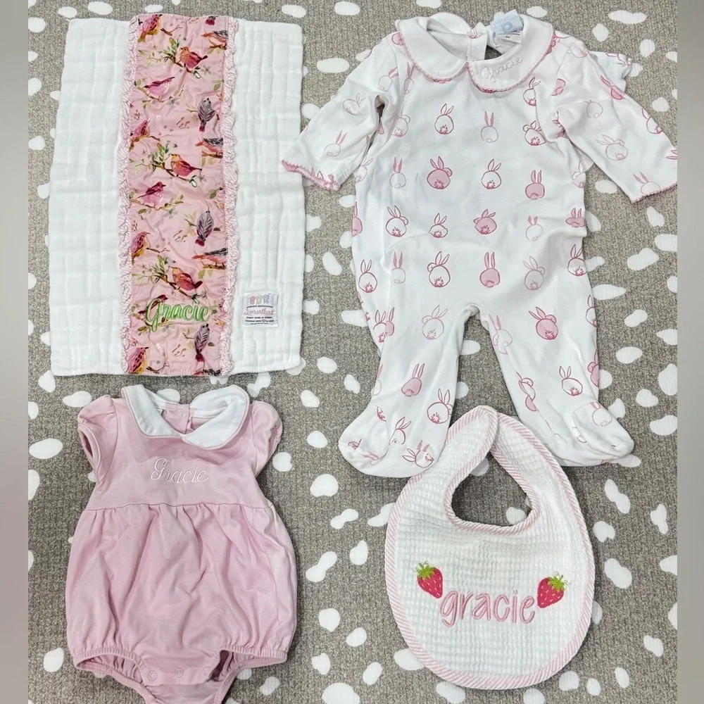 Gracie monogrammed bundle lot baby girl embroidered coverall bubble pima collar
